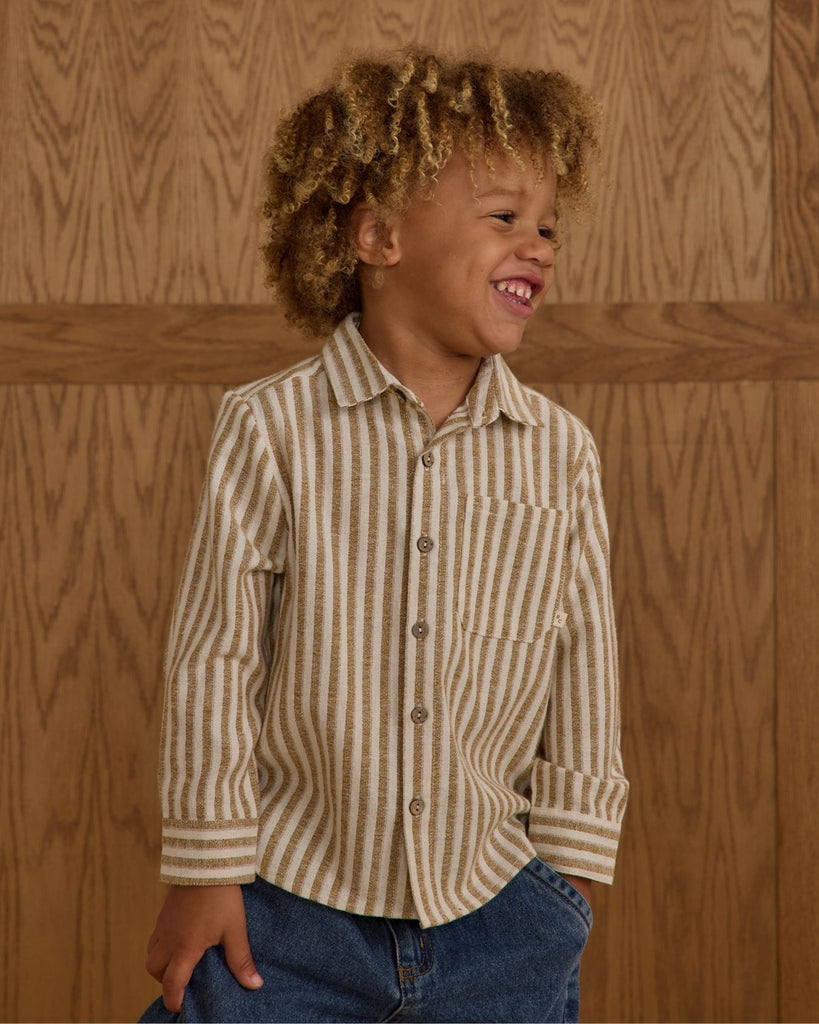 collared long sleeve Shirt || brass Stripe, 6-12M at Rylee + Cru